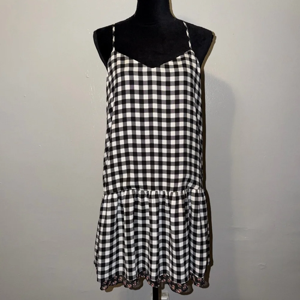 Princess Vera Wang Size L Black White Floral Gingham Dress Spaghetti Strap - Picture 1 of 7